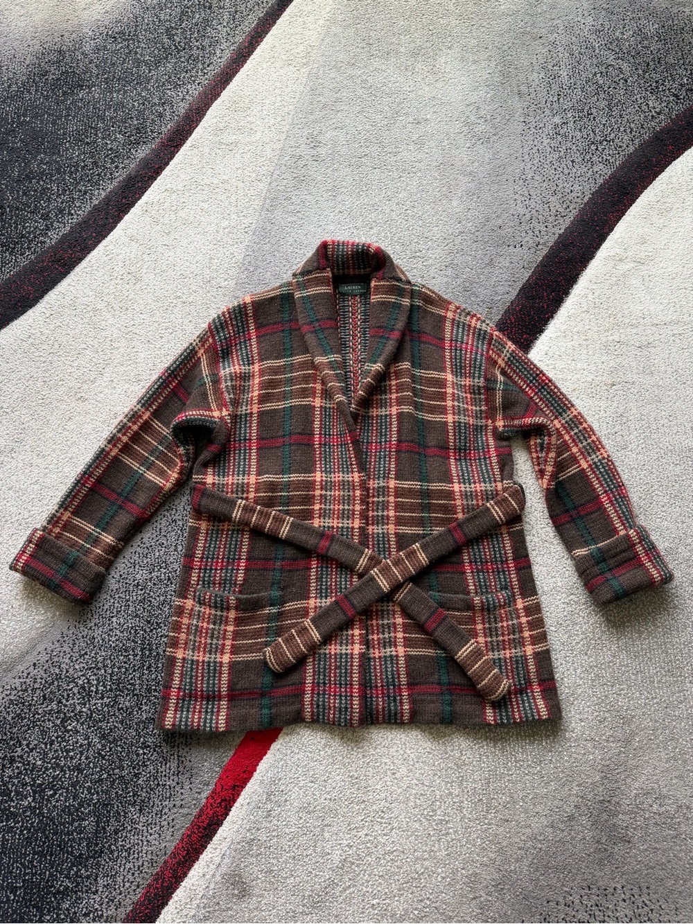 Lauren Ralph Lauren Vintage Plaid Tartan Handknit Shawl Cardigan